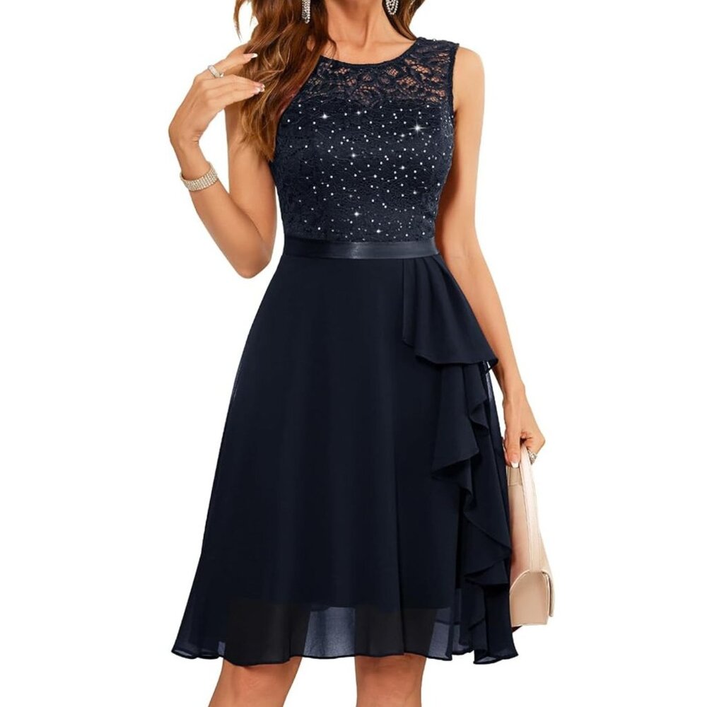 Blue Asymmetrical Sequin Ruffled Midi Dress